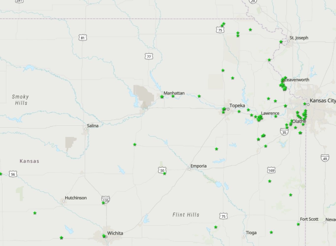 Map of Champion Trees in Kansas